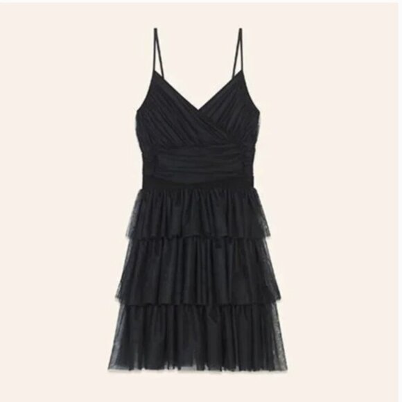 Maje Richard Dress Frilled Tulle Spaghetti Strap Sleeveless Mini Black New Small - Picture 4 of 8